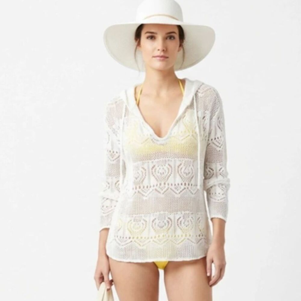 BCBG White Sheer Crochet Hoody Long Sleeve Knit SweaterTop M/L